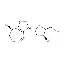 OC[C@H]1O[C@@H](n2cnc3c2N=CNC[C@H]3O)C[C@@H]1O ZINC000003806262