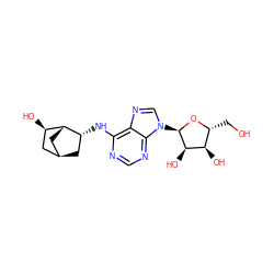 OC[C@H]1O[C@H](n2cnc3c(N[C@@H]4C[C@@H]5C[C@@H]4[C@H](O)C5)ncnc32)[C@H](O)[C@@H]1O ZINC000101474909