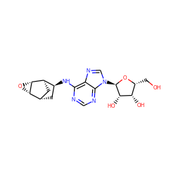 OC[C@H]1O[C@H](n2cnc3c(N[C@H]4C[C@H]5C[C@H]4[C@H]4O[C@@H]54)ncnc32)[C@@H](O)[C@H]1O ZINC000254132382
