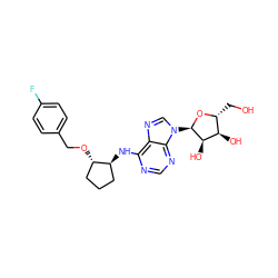 OC[C@H]1O[C@H](n2cnc3c(N[C@H]4CCC[C@@H]4OCc4ccc(F)cc4)ncnc32)[C@H](O)[C@@H]1O ZINC000096169075