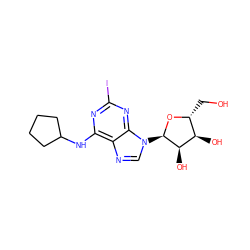 OC[C@H]1O[C@H](n2cnc3c(NC4CCCC4)nc(I)nc32)[C@H](O)[C@@H]1O ZINC000049015798