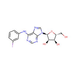 OC[C@H]1O[C@H](n2cnc3c(Nc4cccc(I)c4)ncnc32)[C@H](O)[C@@H]1O ZINC000049014917