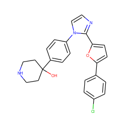 OC1(c2ccc(-n3ccnc3-c3ccc(-c4ccc(Cl)cc4)o3)cc2)CCNCC1 ZINC000299834897