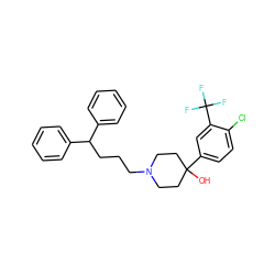 OC1(c2ccc(Cl)c(C(F)(F)F)c2)CCN(CCCC(c2ccccc2)c2ccccc2)CC1 ZINC000066167076