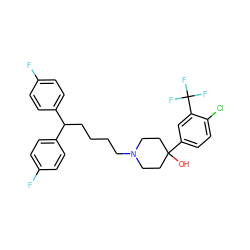 OC1(c2ccc(Cl)c(C(F)(F)F)c2)CCN(CCCCC(c2ccc(F)cc2)c2ccc(F)cc2)CC1 ZINC000066252750