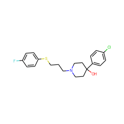 OC1(c2ccc(Cl)cc2)CCN(CCCSc2ccc(F)cc2)CC1 ZINC000073219170