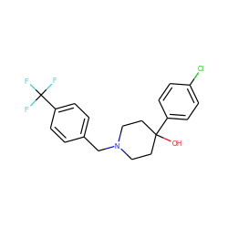 OC1(c2ccc(Cl)cc2)CCN(Cc2ccc(C(F)(F)F)cc2)CC1 ZINC000013553169