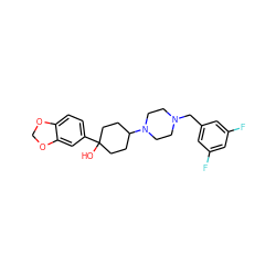 OC1(c2ccc3c(c2)OCO3)CCC(N2CCN(Cc3cc(F)cc(F)c3)CC2)CC1 ZINC000022926674