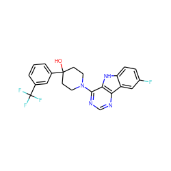 OC1(c2cccc(C(F)(F)F)c2)CCN(c2ncnc3c2[nH]c2ccc(F)cc23)CC1 ZINC000102315155