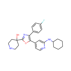 OC1(c2nc(-c3ccc(F)cc3)c(-c3ccnc(NC4CCCCC4)c3)o2)CCNCC1 ZINC000027189157