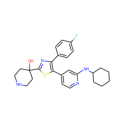 OC1(c2nc(-c3ccc(F)cc3)c(-c3ccnc(NC4CCCCC4)c3)s2)CCNCC1 ZINC000027106349