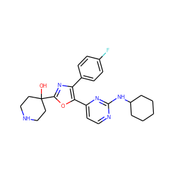 OC1(c2nc(-c3ccc(F)cc3)c(-c3ccnc(NC4CCCCC4)n3)o2)CCNCC1 ZINC000027109986