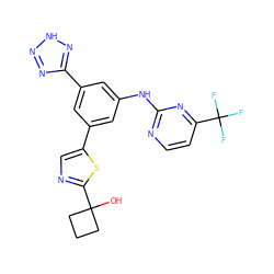 OC1(c2ncc(-c3cc(Nc4nccc(C(F)(F)F)n4)cc(-c4nn[nH]n4)c3)s2)CCC1 ZINC000221151973