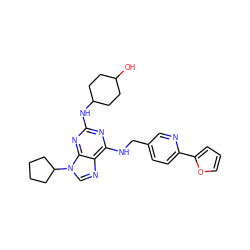 OC1CCC(Nc2nc(NCc3ccc(-c4ccco4)nc3)c3ncn(C4CCCC4)c3n2)CC1 ZINC000096273138