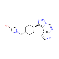 OC1CN(C[C@H]2CC[C@H](c3nnn4cnc5[nH]ccc5c34)CC2)C1 ZINC001772646747