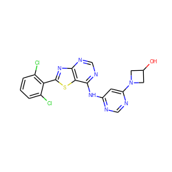 OC1CN(c2cc(Nc3ncnc4nc(-c5c(Cl)cccc5Cl)sc34)ncn2)C1 ZINC000169701530