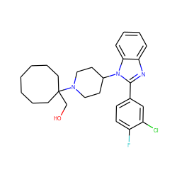 OCC1(N2CCC(n3c(-c4ccc(F)c(Cl)c4)nc4ccccc43)CC2)CCCCCCC1 ZINC000066113017