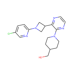 OCC1CCN(c2nccnc2C2CN(c3ccc(Cl)cn3)C2)CC1 ZINC000144776427