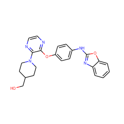 OCC1CCN(c2nccnc2Oc2ccc(Nc3nc4ccccc4o3)cc2)CC1 ZINC000095559780