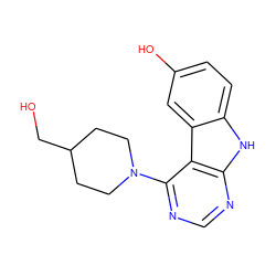 OCC1CCN(c2ncnc3[nH]c4ccc(O)cc4c23)CC1 ZINC000221376701