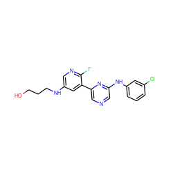 OCCCNc1cnc(F)c(-c2cncc(Nc3cccc(Cl)c3)n2)c1 ZINC000013648427