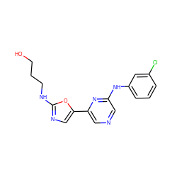 OCCCNc1ncc(-c2cncc(Nc3cccc(Cl)c3)n2)o1 ZINC000013612189