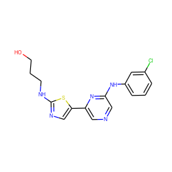 OCCCNc1ncc(-c2cncc(Nc3cccc(Cl)c3)n2)s1 ZINC000013612186