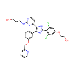 OCCCNc1nccc(-c2[nH]c(-c3c(Cl)cc(OCCO)cc3Cl)nc2-c2cccc(OCc3ccccn3)c2)n1 ZINC000014210047