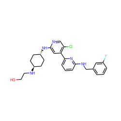 OCCN[C@H]1CC[C@H](Nc2cc(-c3cccc(NCc4cccc(F)c4)n3)c(Cl)cn2)CC1 ZINC000261161578