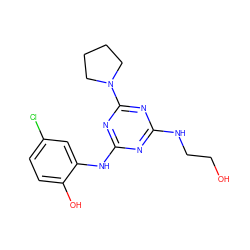 OCCNc1nc(Nc2cc(Cl)ccc2O)nc(N2CCCC2)n1 ZINC000014968095
