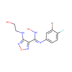 OCCNc1nonc1C(=Nc1ccc(F)c(Br)c1)NO ZINC001772648776