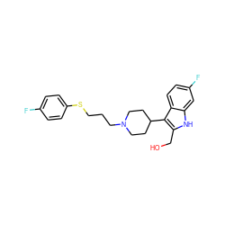 OCc1[nH]c2cc(F)ccc2c1C1CCN(CCCSc2ccc(F)cc2)CC1 ZINC000299823495