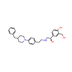 OCc1cc([C@@H](O)CNCCc2ccc(N3CCC(Cc4ccccc4)CC3)cc2)ccc1O ZINC000169351200