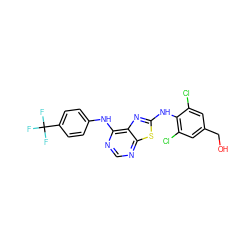 OCc1cc(Cl)c(Nc2nc3c(Nc4ccc(C(F)(F)F)cc4)ncnc3s2)c(Cl)c1 ZINC000040392922