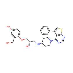 OCc1cc(O)ccc1OC[C@@H](O)CNC1CCN(c2ncnc3scc(-c4ccccc4)c23)CC1 ZINC000064548600