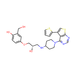 OCc1cc(OC[C@@H](O)CNC2CCN(c3ncnc4scc(-c5cccs5)c34)CC2)ccc1O ZINC000064513557