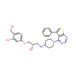 OCc1ccc(OC[C@@H](O)CNC2CCN(c3ncnc4scc(-c5ccccc5)c34)CC2)cc1O ZINC000064539542