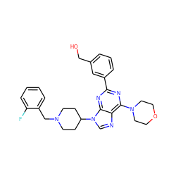 OCc1cccc(-c2nc(N3CCOCC3)c3ncn(C4CCN(Cc5ccccc5F)CC4)c3n2)c1 ZINC000045391642