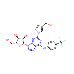 OCc1cnn(-c2nc(Nc3ccc(C(F)(F)F)cc3)c3ncn([C@@H]4O[C@H](CO)[C@@H](O)[C@H]4O)c3n2)c1 ZINC000028817680