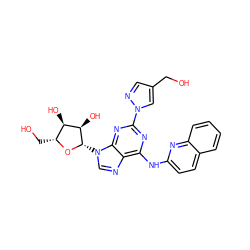 OCc1cnn(-c2nc(Nc3ccc4ccccc4n3)c3ncn([C@@H]4O[C@H](CO)[C@@H](O)[C@H]4O)c3n2)c1 ZINC000028817735