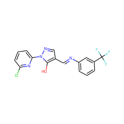 Oc1c(/C=N/c2cccc(C(F)(F)F)c2)cnn1-c1cccc(Cl)n1 ZINC000101700337
