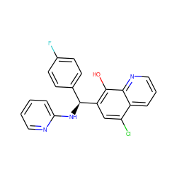 Oc1c([C@@H](Nc2ccccn2)c2ccc(F)cc2)cc(Cl)c2cccnc12 ZINC001772589321