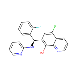 Oc1c([C@@H](Nc2ccccn2)c2ccccc2F)cc(Cl)c2cccnc12 ZINC000005065549