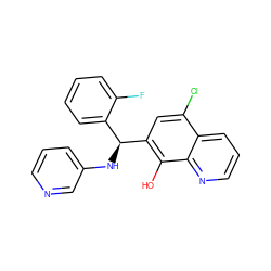 Oc1c([C@@H](Nc2cccnc2)c2ccccc2F)cc(Cl)c2cccnc12 ZINC000140282608