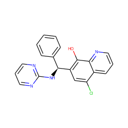 Oc1c([C@@H](Nc2ncccn2)c2ccccc2)cc(Cl)c2cccnc12 ZINC001772655374