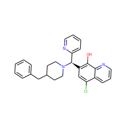 Oc1c([C@H](c2ccccn2)N2CCC(Cc3ccccc3)CC2)cc(Cl)c2cccnc12 ZINC000019879783