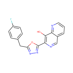 Oc1c(-c2nnc(Cc3ccc(F)cc3)o2)ncc2cccnc12 ZINC000040423545