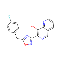 Oc1c(-c2noc(Cc3ccc(F)cc3)n2)ncc2cccnc12 ZINC000040849168