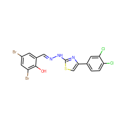 Oc1c(Br)cc(Br)cc1/C=N/Nc1nc(-c2ccc(Cl)c(Cl)c2)cs1 ZINC000049679607