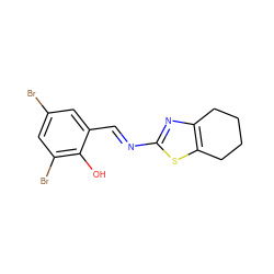 Oc1c(Br)cc(Br)cc1/C=N/c1nc2c(s1)CCCC2 ZINC000101017576